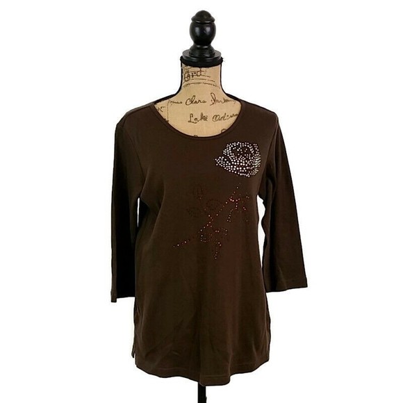 Quacker Factory Tops - NWT Quacker Factory Womens sz S Top Brown Long Stem Rose Rhinestone Scoop Neck